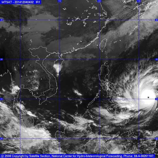 Ảnh mây vệ tinh của siêu bão Hagupit. Nguồn: Trung tâm Dự báo KTTV Trung ương