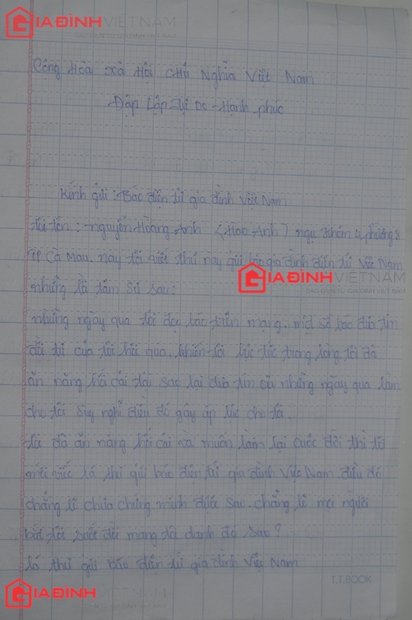 Trang thứ nhất bức thư Hào Anh nhờ báo điện tử Gia đình Việt Nam gửi tới độc giả và báo chí. 