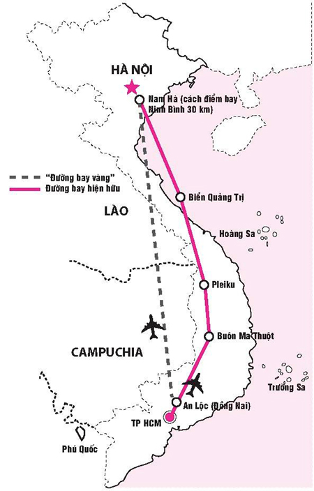 Nếu lập được đường bay thẳng, thời gian bay giữa Hà Nội và TP HCM sẽ được rút ngắn khoảng 110 km. Đồ họa: PHƯƠNG ANH