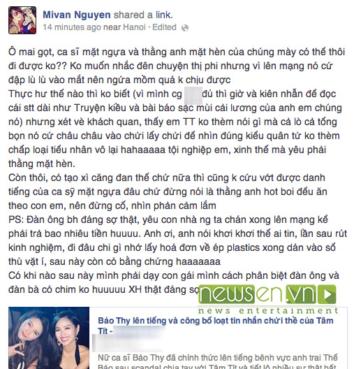 Toàn bộ đoạn status chia sẻ của Mi Vân: