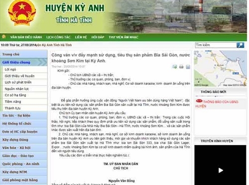 Công văn kêu gọi người dân uống bia Sài Gòn của huyện Kỳ Anh (Hà Tĩnh)