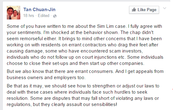 Status đăng trên tài khoản Facebook của&nbsp;Bộ trưởng Nguồn nhân lực Singapore - ông Tan Chuan-Jin.