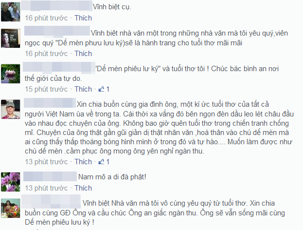 Rất nhiều thế hệ độc giả đã đồng loạt thể hiện lòng kính trọng và niềm tiếc thương vô hạn trước sự ra đi của cha đẻ Dế mèn phưu lưu ký