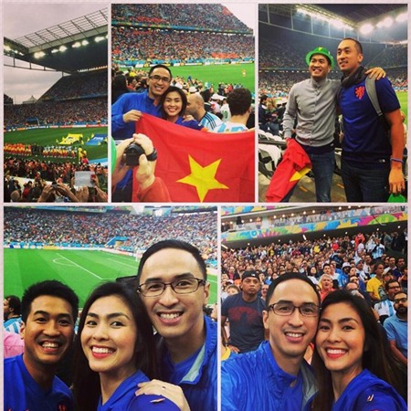 Những hình ảnh Tăng Thanh Hà cùng chồng và em trai chồng đi xem World Cup.