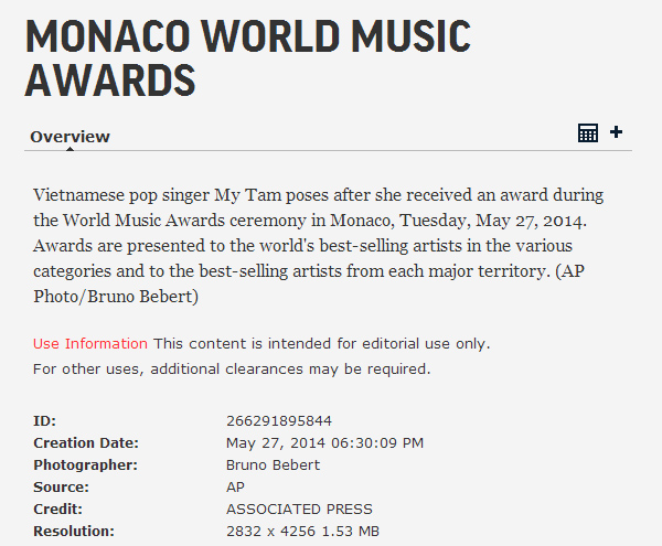 Mỹ Tâm sải bước trên thảm đỏ World Music Awards 2014