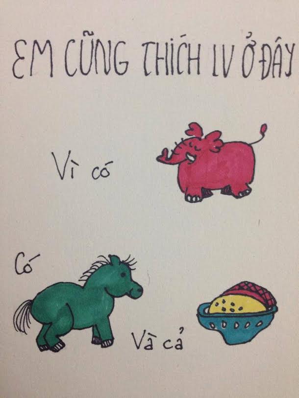 Em cũng thích làm việc ở đây vì có những người bạn (theo hình vẽ, cô gái này đã đặt biệt danh cho 3 người bạn của mình)