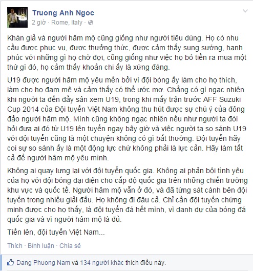 Nhà báo Anh Ngọc chia sẻ trên facebook cá nhân