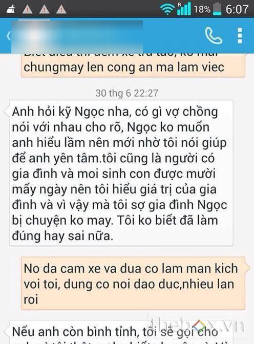 Tin nhắn giữa chồng Dương Yến Ngọc và bạn.