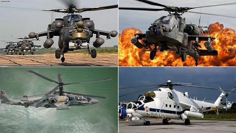 Máy bay trực thăng tấn công Mi-28N của Nga, AH-64 Apache của Mỹ (trên) và Ka-52, Mi-35 của Nga (dưới)