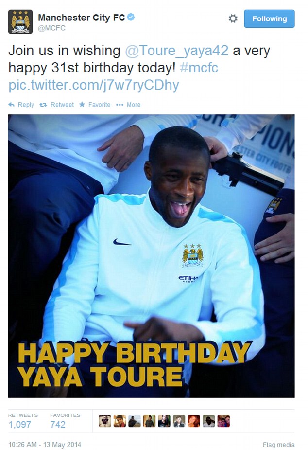Thiệp chúc mừng của Man City gửi Yaya Toure