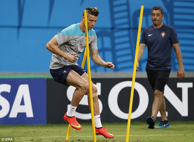 Cris Ronaldo tập luyện với 1 chiếc băng nhỏ cố định đầu gối
