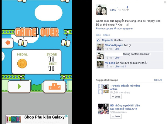 Dân mạng la oai oái khi chơi Swing Copters vì quá khó