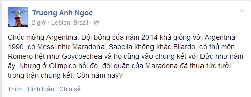 Còn nhà báo Trương Anh Ngọc quan ngại cho Messi cùng các đồng đội ở trận đấu với Đức