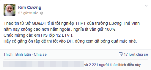 Trước đó, thầy Văn Như Cương cũng có một chia sẻ khá hóm hỉnh nhằm khích lệ tinh thần các học trò của mình trước kì thi Đại học.