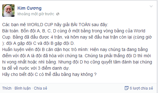Bài toán về World Cup được chia sẻ trên facbook cá nhân của PGS Văn Như Cương