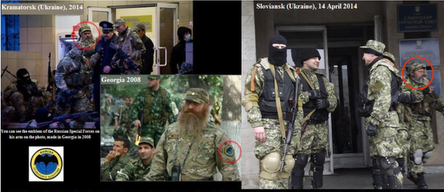 Những bức ảnh cho thấy một người lính Nga với bộ râu rậm rạp (được khoanh tròn trong ảnh) tham gia chiến dịch ở Gruzia năm 2008, sau đó xuất hiện tại thành phố Kramatorsk và Sloviansk ở Ukraine năm 2014