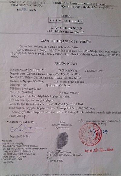 Giấy chứng nhận chấp hành xong án phạt tù đối với Nguyễn Đức Hải.