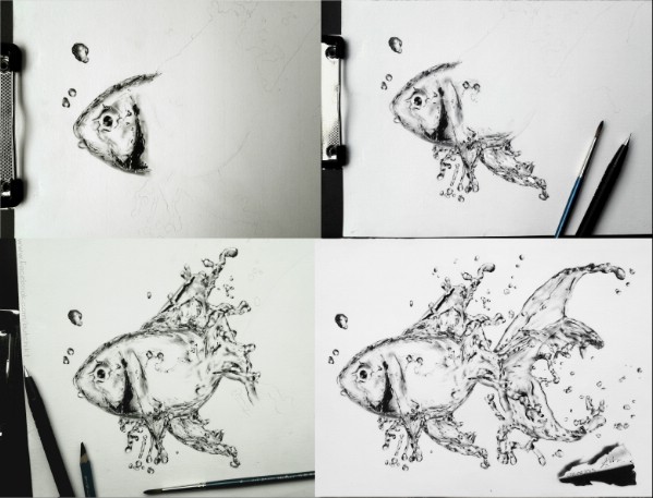 Đó là một bức vẽ cá nước mang tên Water Fish của chàng trai Nguyễn Hoàng Anh (sinh năm 1994) được thể hiện bằng bút chì và bột than. Tuấn tâm sự rằng, bức vẽ này được vẽ lâu rồi và mất khoảng 50 giờ để hoàn thiện nó.