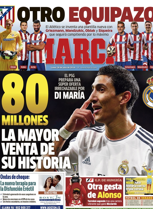 Trang bìa của Marca khẳng định PSG đề nghị Real nhượng lại Di Maria với giá 80 triệu euro
