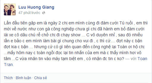 Dòng status đầy xót xa của Lưu Hương Giang.