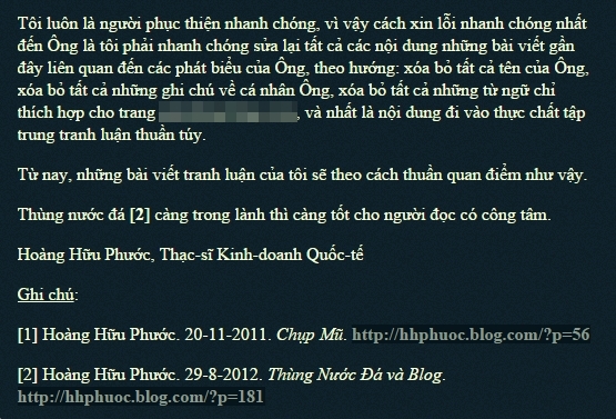 Một đoạn trong bài viết được cho là lời xin lỗi của ông Hoàng Hữu Phước tới ông Trương Trọng Nghĩa