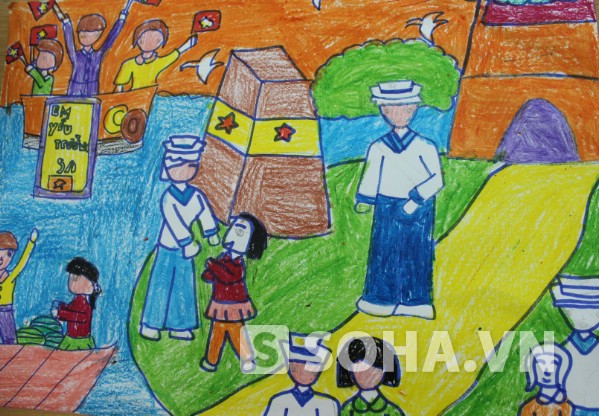 Những bức vẽ màu sắc, sáng tạo hướng về biển đảo của các em học sinh Trường PTCS Nguyễn Đình Chiểu.