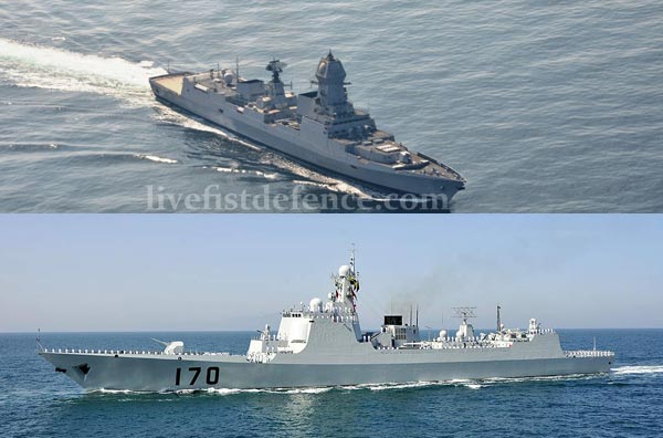 Tàu khu trục Kolkata của Ấn Độ(phía trên) vượt trội về hệ thống điện tử so với Type-052C của Trung Quốc(ở dưới)