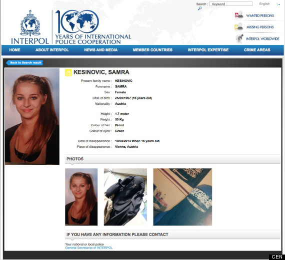 Thông tin về 2 nữ sinh trên trang web của Interpol. Ảnh: CEN.