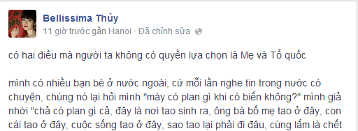 Hoa hậu Thu Thủy cho biết chị sẽ không bao giờ rời khỏi Việt Nam nơi đây là cuộc sống của chị, nữ ca sĩ sẵn sàng chết cùng đất mẹ Việt Nam.