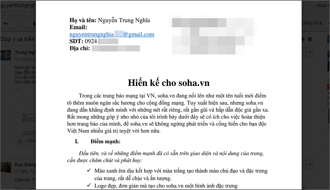 Bức thư độc giả Nguyễn Trung Nghĩa góp ý và hiến kế cho Soha.vn.