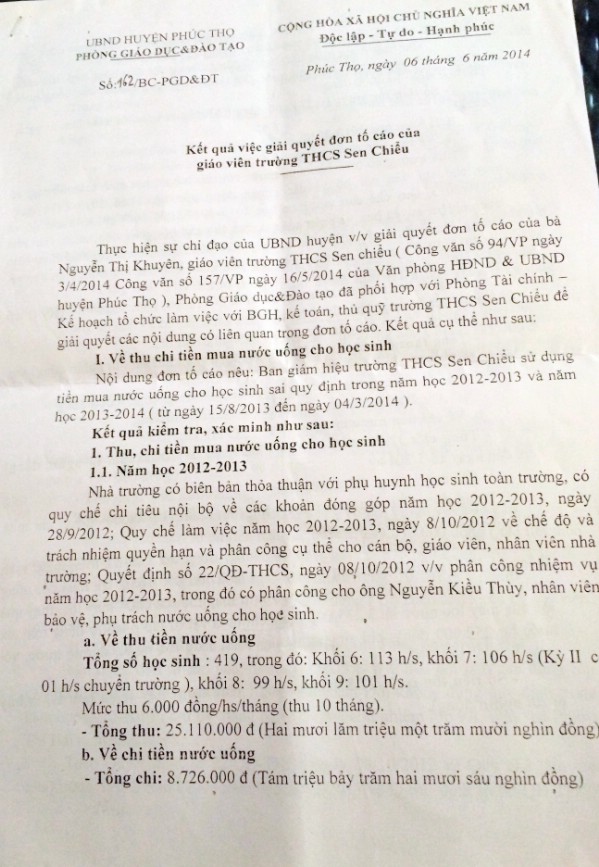 Văn bản xác minh của Phòng GD&ĐT Phúc Thọ về sự việc trường THCS Sen Chiểu.