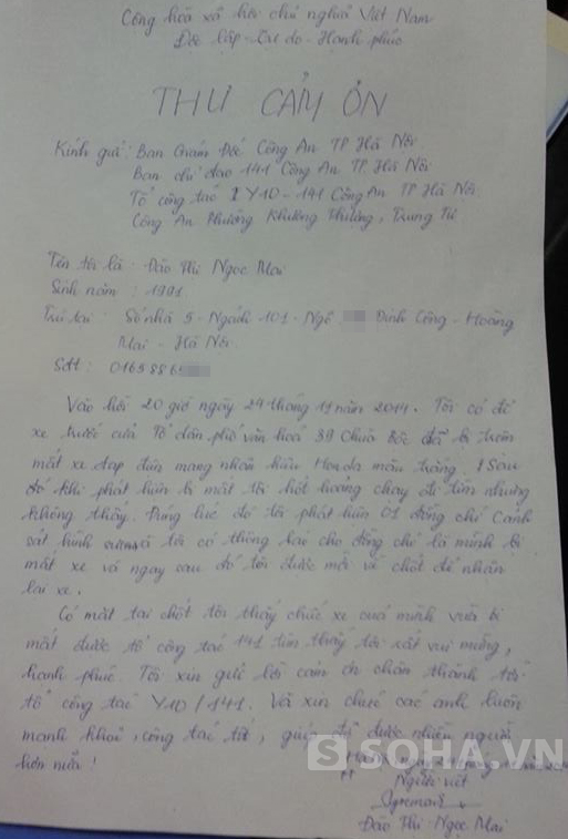 Cô gái trẻ viết thư tỏ lòng cảm ơn lực lượng công an.