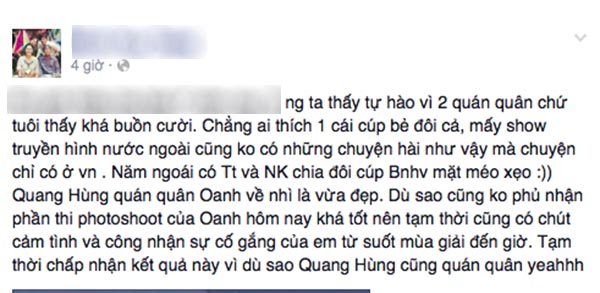 Một chia sẻ cho rằng Nguyễn Oanh xứng đáng hơn ở vị trí Á quân.