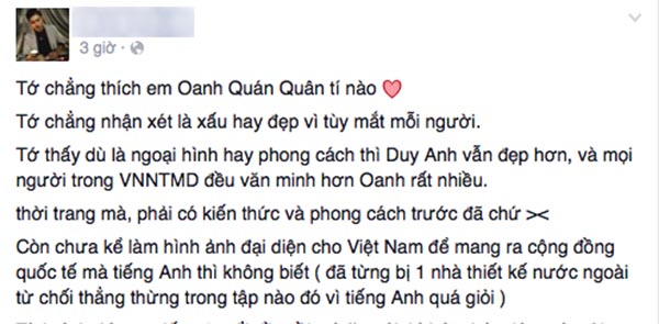 Ý kiến cho rằng Nguyễn Oanh không xứng đáng nhận được giải thưởng cao nhất của Vietnams Next Top Model 2014.