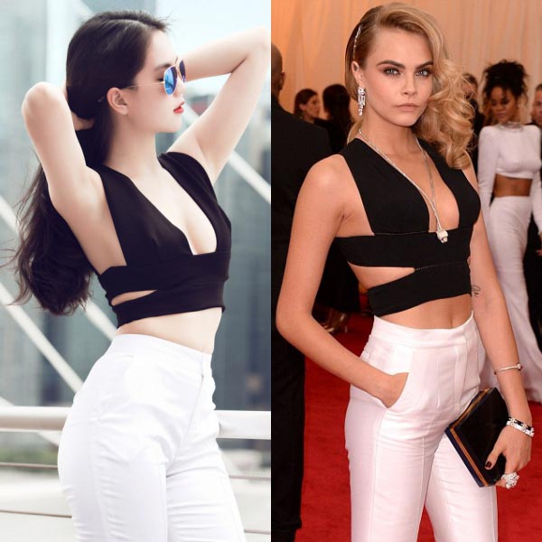 Trang phục crop top từng được Ngọc Trinh thừa nhận là học hỏi từ mẫu áo của thương hiệu Stella McCartney từng được người mẫu Cara Delevingne mặc.