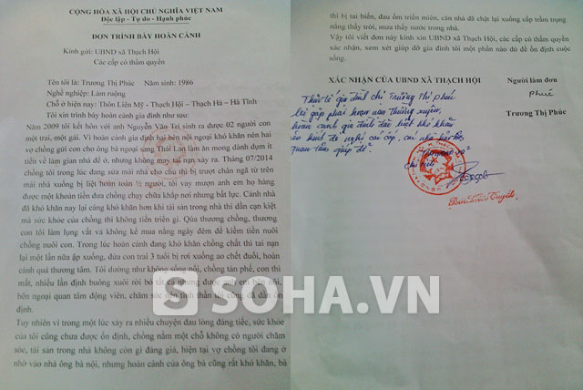 Do hoàn cảnh quá éo le, chị Phúc đã phải viết đơn cầu cứu chính quyền và các tổ chức, cá nhân hảo tâm.