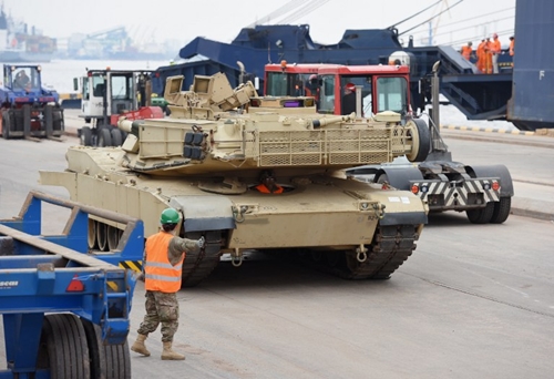 An Abrams tank is seen during delivery in the port of Riga on March 9, 2015. The US delivered over 100 pieces of military equipment to vulnerable NATO-allied Baltic states Monday in a move designed to provide them with the ability to deter potential Russian threats. AFP PHOTO / ILMARS ZNOTINS