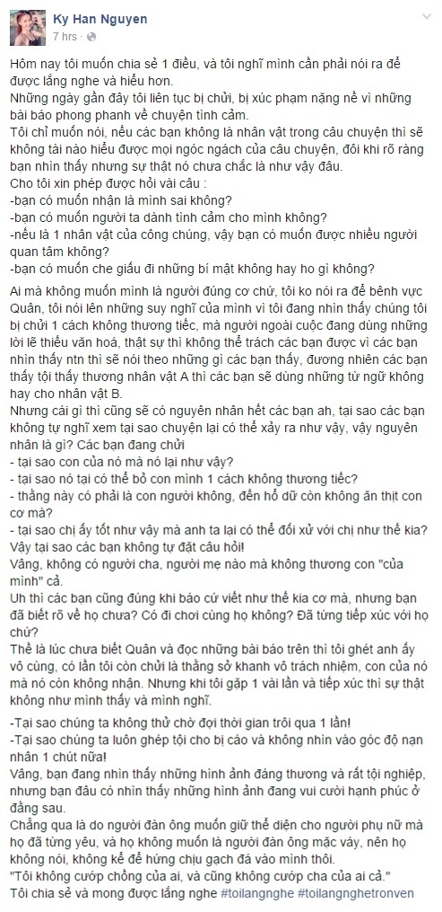 
 Status trải lòng về mối quan hệ với Mạc Hồng Quân của Kỳ Hân.
