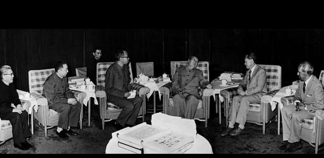 Then
 Prime Minister Lee Kuan Yew and Foreign Minister S. Rajaratnam (right) 
meeting Mao Zedong (third from right) in China in May 1976, with (from 
left) Chinese Foreign MinisterQiao Kuanhua and Premier Hua Guofeng. Mr 
Hua told PM Lee China encouraged overseas Chinese to take up the 
nationality of their country of residence and said China would not 
interfere in Singapore’s internal affairs and how it dealt with the 
communists there. The man next to Mao is an interpreter.