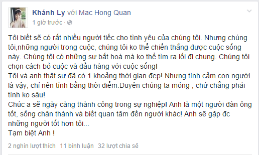 
Khánh Ly chia sẻ việc chia tay với Mạc Hồng Quân.
