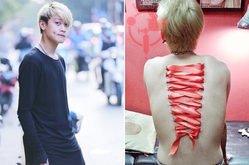 Chàng trai gốc Việt khoe chiếc nơ lớn được đính trên lưng bằng 2 hàng khuyên xuyên qua da thịt