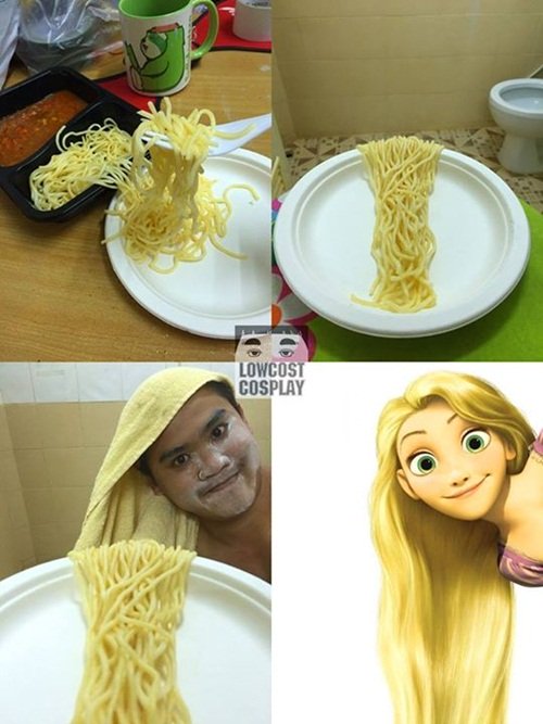 Rapunzel trong phim Tangled  được cosplay từ chiếc khăn và những sợi mì