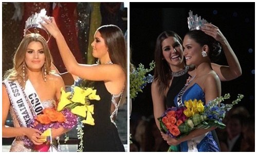 
Vương miện Hoa hậu hoàn vũ 2015 được trao lại từ hoa hậu Colombia sang Philippines.
