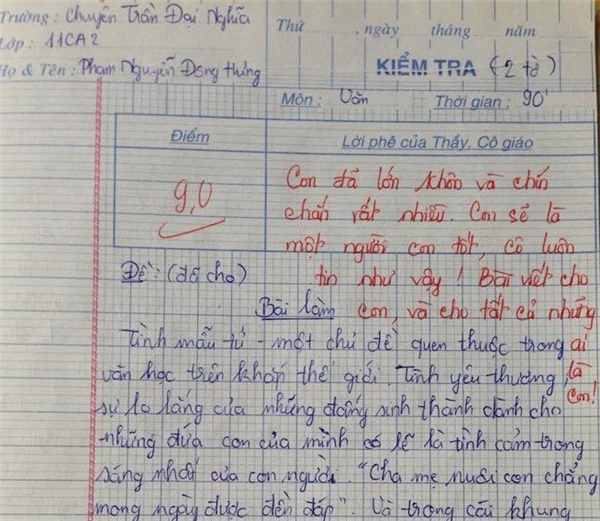 Bài văn của học sinh Phạm Nguyễn Đông Hưng khiến nhiều người phải nghẹn ngào... (Ảnh Internet)
