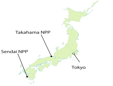 Vị trí Nhà máy điện hạt nhân Takahama và Sendai trên bản đồ nước Nhật. Ảnh: Cnic.jp