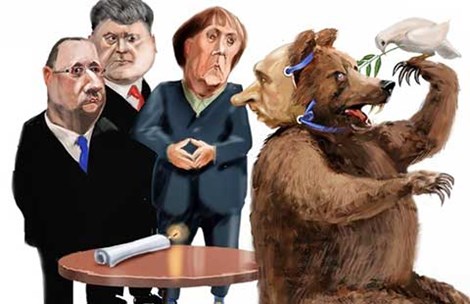 EU tố Nga vừa đánh vừa đàm ở Ukraine trong khi Nga bác bỏ cáo buộc này. Ảnh: Biếm họa của RIBER HANSSON (báo Sydsvenskan của Thụy Điển)
