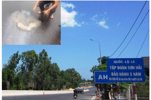Tập đoàn Sơn Hải cam kết bảo hành tuyến đường 5 năm (ảnh lớn). Mặt đường bị kẻ xấu tưới hóa chất lạ (ảnh nhỏ)