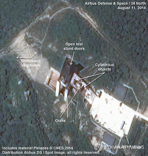 A satellite photo of North Koreas Sohae missile launch site provided by 38 North, a website run by Johns Hopkins University. The photo shows that the North has carried out an engine test of its KN-08 intercontinental ballistic missile in mid-August. (Yonhap)