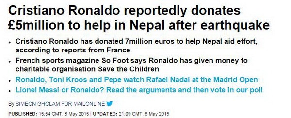 Đoạn tít của Daily Mail về việc đóng góp 5 triệu bảng Anh của Ronaldo vào tuần trước.