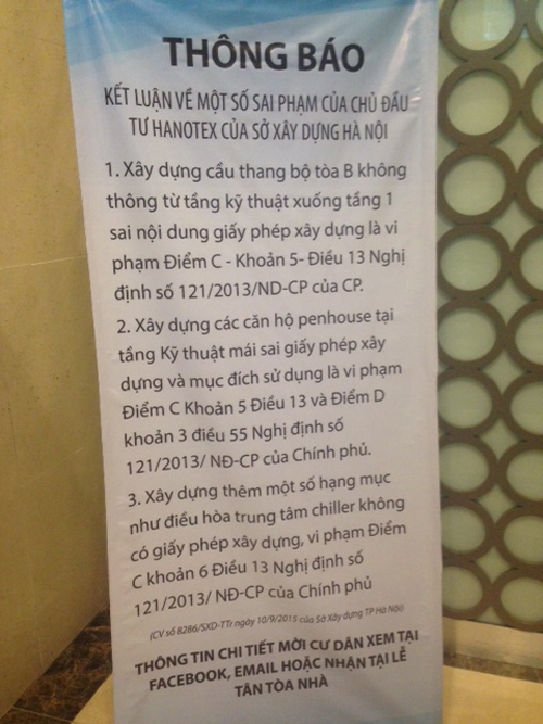 
Nhiều thông báo tố cáo chủ đầu tư như thế này được đặt tại sảnh tầng 1 của tòa nhà, tuy nhiên Hanotex vẫn im hơi lặng tiếng.
